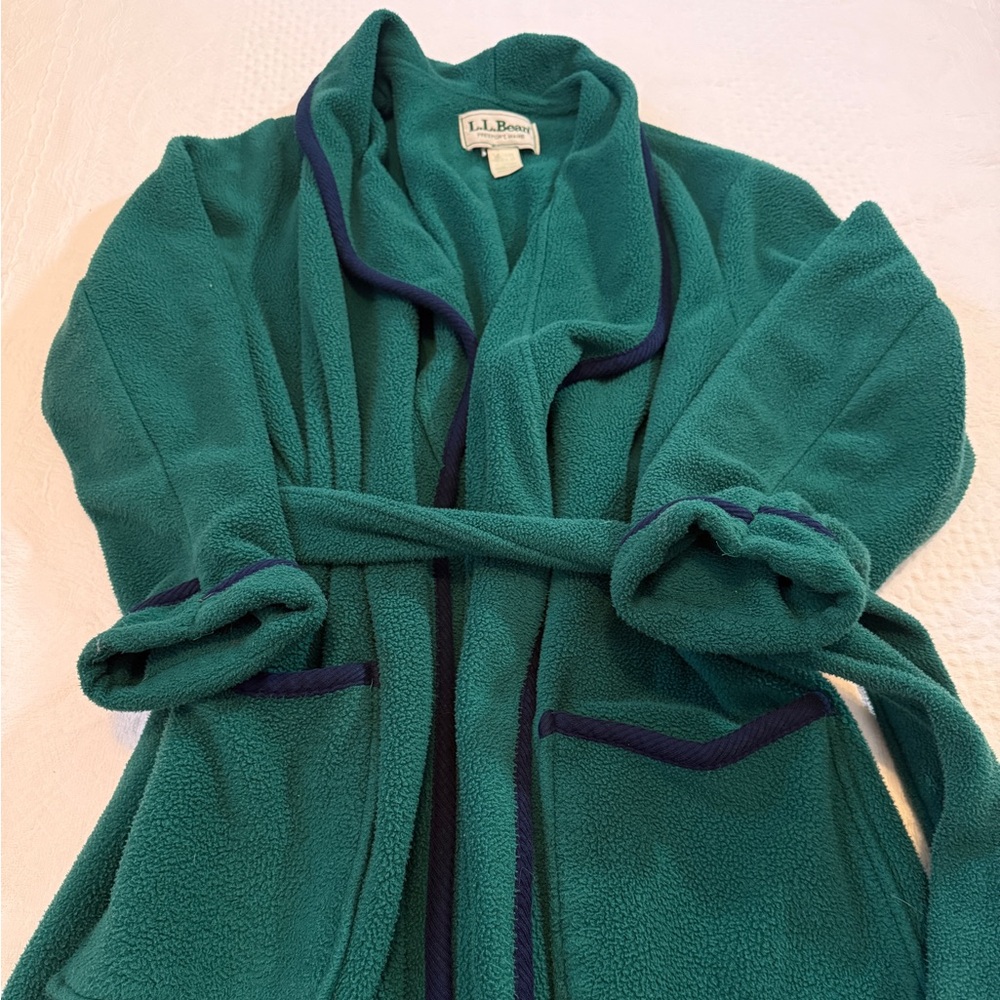 Vtg LL Bean Fleece Long Robe Sz Medium M Green Bathrobe Made in USA Pockets
